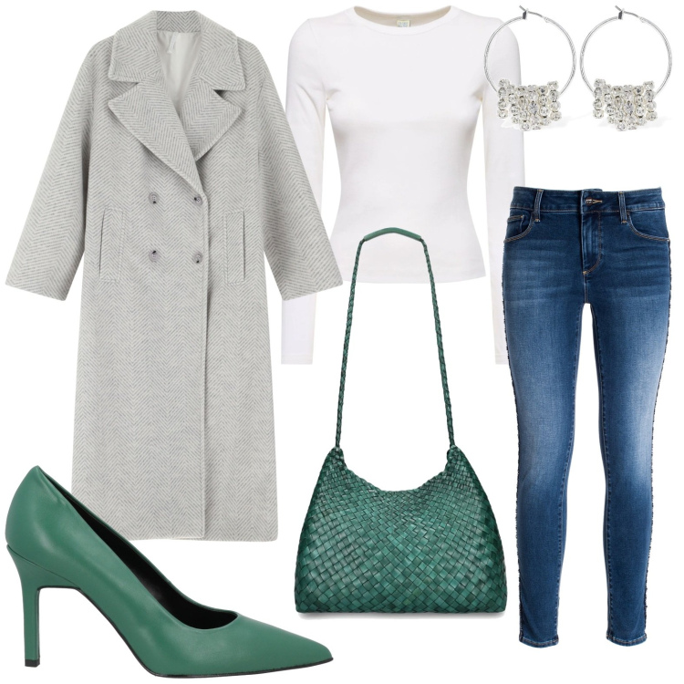 Outfit donna - Accessori green. Stile Chic per Ufficio. Abbinamento con décolleté, cappotti, jeans skinny, orecchini, borse a spalla, t-shirt.