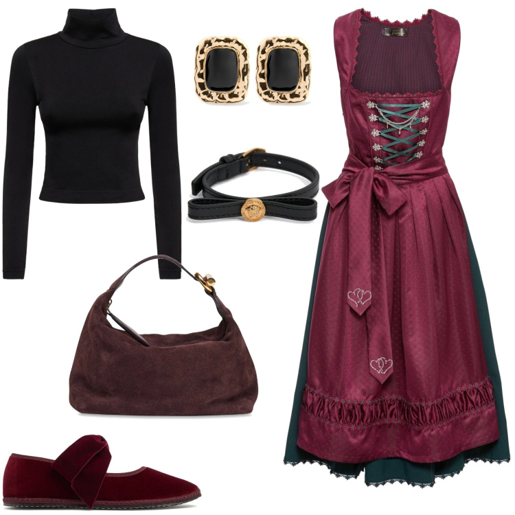 Outfit donna - Capodanno in montagna. Stile Etnico per Serata fuori. Abbinamento con vestiti, orecchini, top, braccialetti, ballerine, borse a mano.