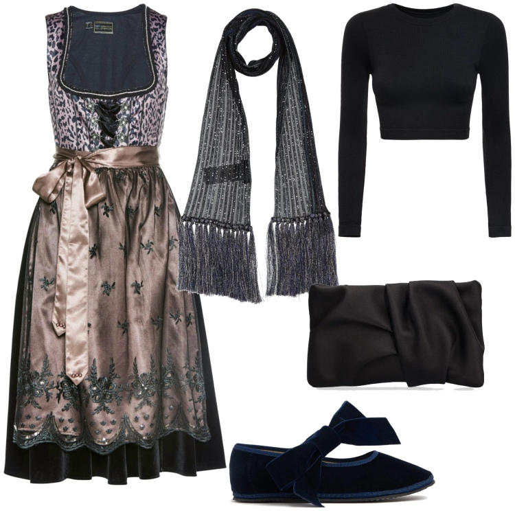 Outfit donna - Capodanno in montagna. Stile Etnico per Serata fuori. Abbinamento con sciarpe, vestiti, ballerine, pochette, top.