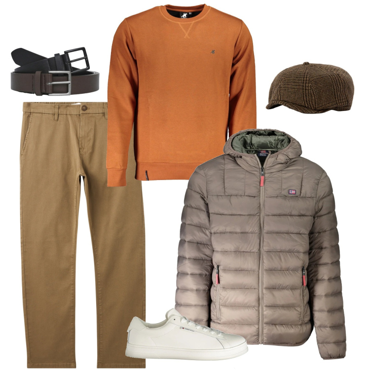 Outfit uomo - Colori neutri. Stile Trendy per Tutti i giorni. Abbinamento con cappelli, pantaloni chino, cinture, felpe, giacche, sneakers.