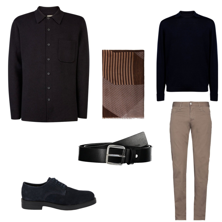 Outfit uomo - Fine anno 2024. Stile Business/Elegante per Serata speciale. Abbinamento con pantaloni, sciarpe, scarpe stringate, maglieria, cappotti, cinture.