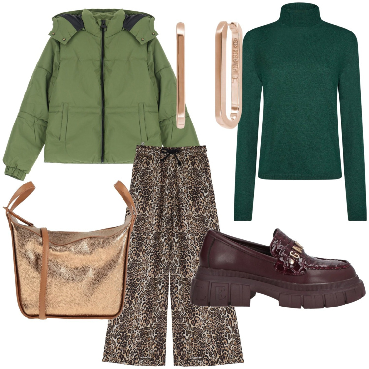 Outfit donna - Il dolcevita bosco. Stile Urban per Ufficio. Abbinamento con mocassini, borse a mano, orecchini, piumini, pantaloni, maglieria.