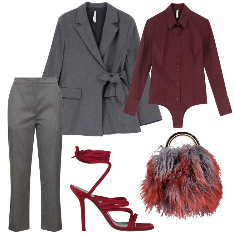 Outfit donna - Il body camicia. Stile Glamour per Serata fuori. Abbinamento con borse a secchiello, sandali in pelle, body, blazer, pantaloni.