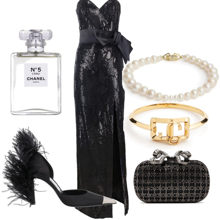 Outfit donna - San Silvestro. Stile Chic per Serata fuori. Abbinamento con décolleté, profumi, vestiti lunghi, pochette, braccialetti, braccialetti.