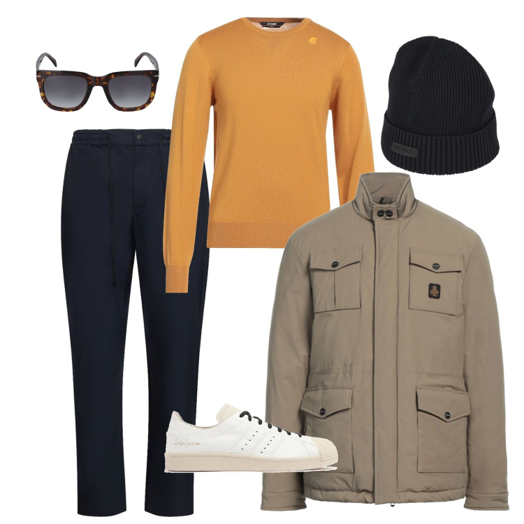 Outfit uomo - Sportivo elegante. Stile Casual per Tutti i giorni. Abbinamento con giacche, pullovers, cappelli, occhiali da sole, pantaloni, sneakers.