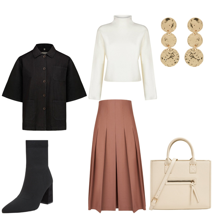 Outfit donna - Metropolitan. Stile Casual chic per Ufficio. Abbinamento con stivaletti, shopping bag, blazer, gonne longuette, cardigans, orecchini.
