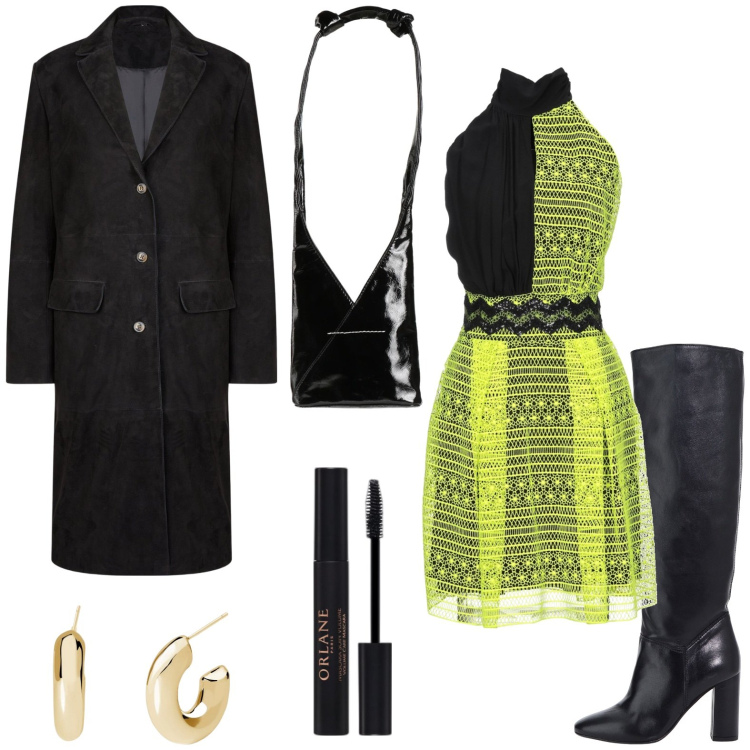 Outfit donna - La mini borsa. Stile Chic per Serata fuori. Abbinamento con vestiti midi/longuette, borse a spalla, mascara, orecchini, stivali, cappotti.