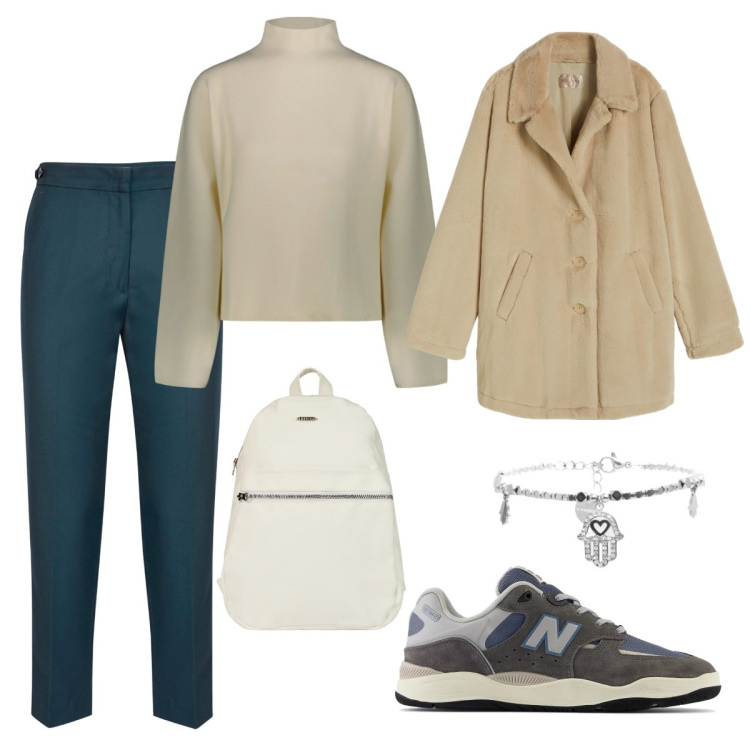 Outfit donna - Xmas Easy Chic. Stile Casual chic per Tutti i giorni. Abbinamento con sneakers, braccialetti, cappotti, zaini, maglieria, pantaloni.