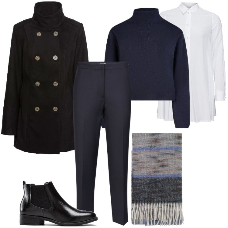 Outfit donna - Total look #2028093. Stile Casual per Tutti i giorni. Abbinamento con stivaletti chelsea, camicie, caban, foulard, pantaloni, cardigans.