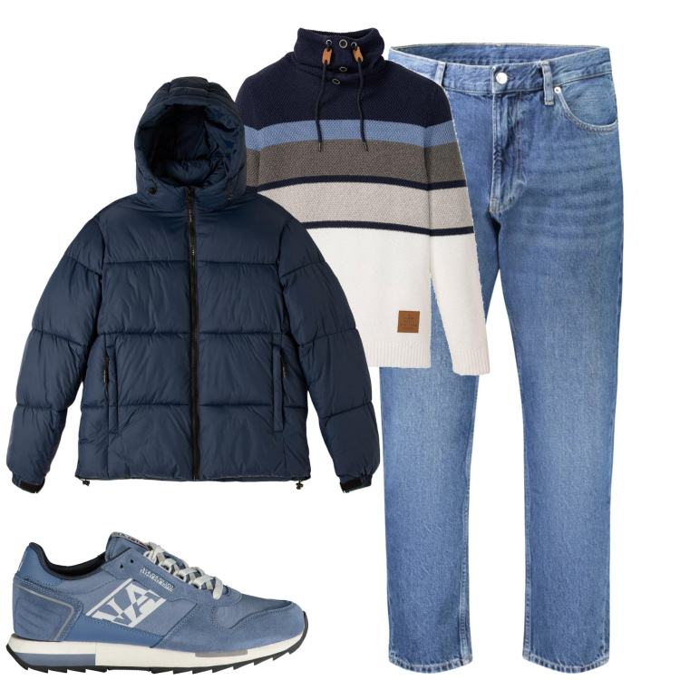 Outfit uomo - Total look #2028115. Stile Casual per Tutti i giorni. Abbinamento con maglieria, piumini, sneakers, jeans.