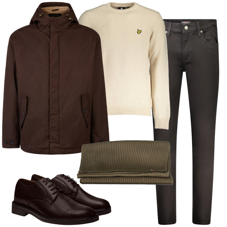 Outfit uomo - Total look #2028120. Stile Urban per Tutti i giorni. Abbinamento con giacche, scarpe stringate, jeans skinny, maglieria, sciarpe.