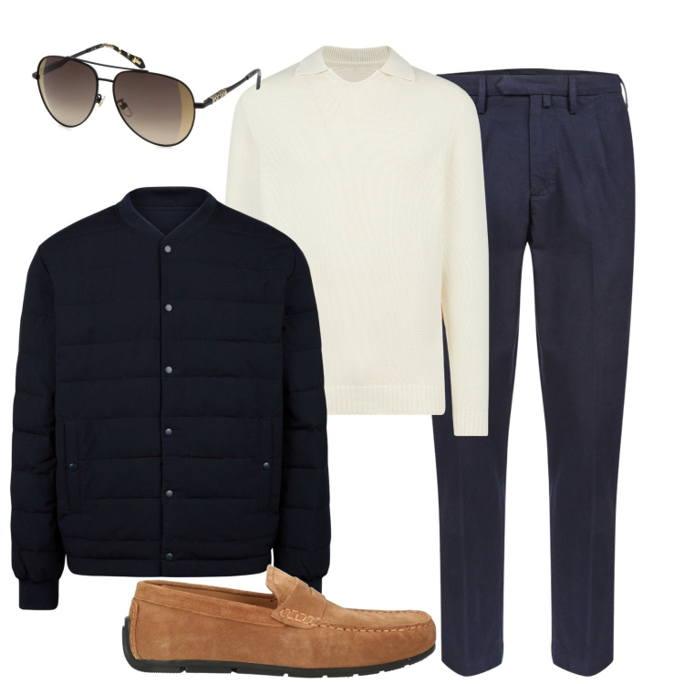 Outfit uomo - City. Stile Urban per Tutti i giorni. Abbinamento con scarpe stringate, maglieria, occhiali da sole, piumini, pantaloni.
