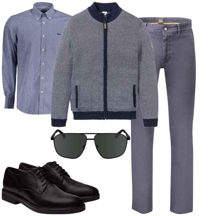 Outfit uomo - Total look #2028129. Stile Urban per Tutti i giorni. Abbinamento con cardigans, scarpe stringate, occhiali da sole, pantaloni, camicie.
