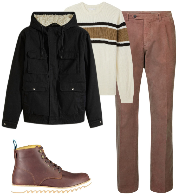 Outfit uomo - City. Stile Urban per Tutti i giorni. Abbinamento con piumini, maglieria, pantaloni, stivali.