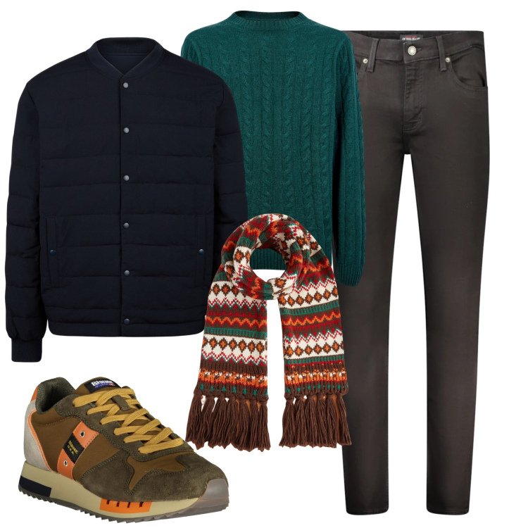 Outfit uomo - Total look #2028147. Stile Urban per Tutti i giorni. Abbinamento con sciarpe, sneakers, jeans skinny, piumini, maglieria.