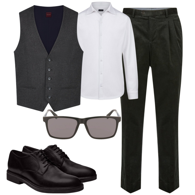 Outfit uomo - City. Stile Business/Elegante per Tutti i giorni. Abbinamento con scarpe stringate, occhiali da sole, pantaloni, gilet, polo.