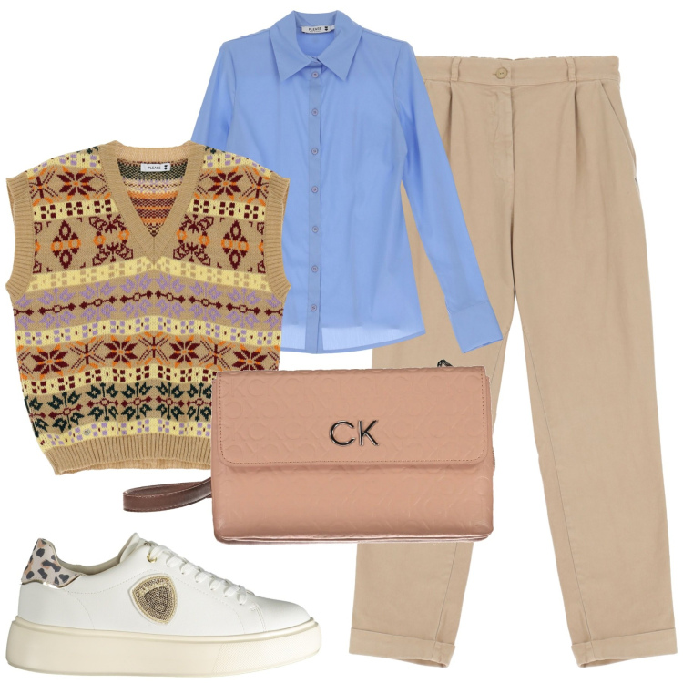 Outfit donna - Total look #2028215. Stile Casual per Tutti i giorni. Abbinamento con camicie, gilet, pantaloni chino, sneakers, borse a tracolla.