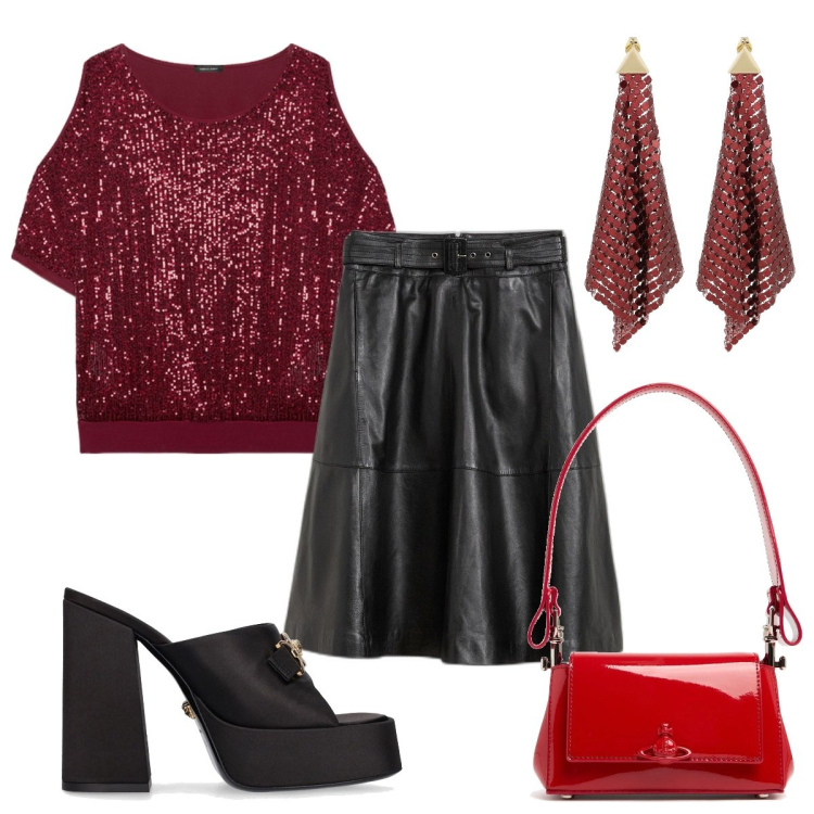 Outfit donna - Total look #2028216. Stile Trendy per Serata fuori. Abbinamento con gonne, pantofole, orecchini, borse a spalla, t-shirt.