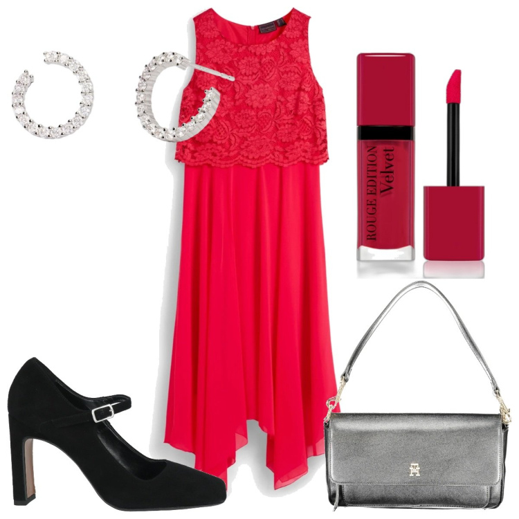 Outfit donna - Total look #2028218. Stile Glamour per Serata fuori. Abbinamento con vestiti senza maniche, décolleté, rossetti, orecchini, borse a spalla.
