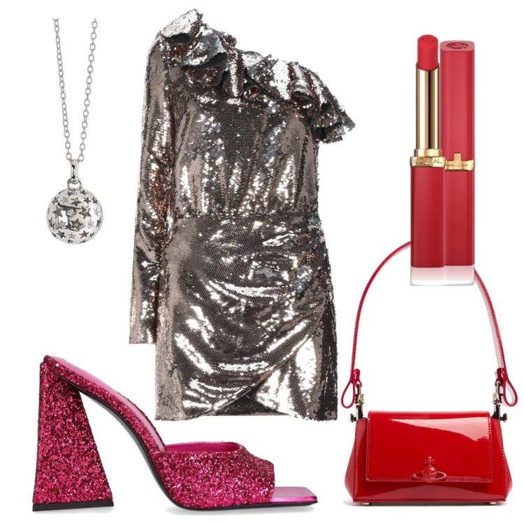 Outfit donna - Total look #2028224. Stile Glamour per Serata fuori. Abbinamento con vestiti corti, rossetti, ciondoli, pantofole, borse a spalla.