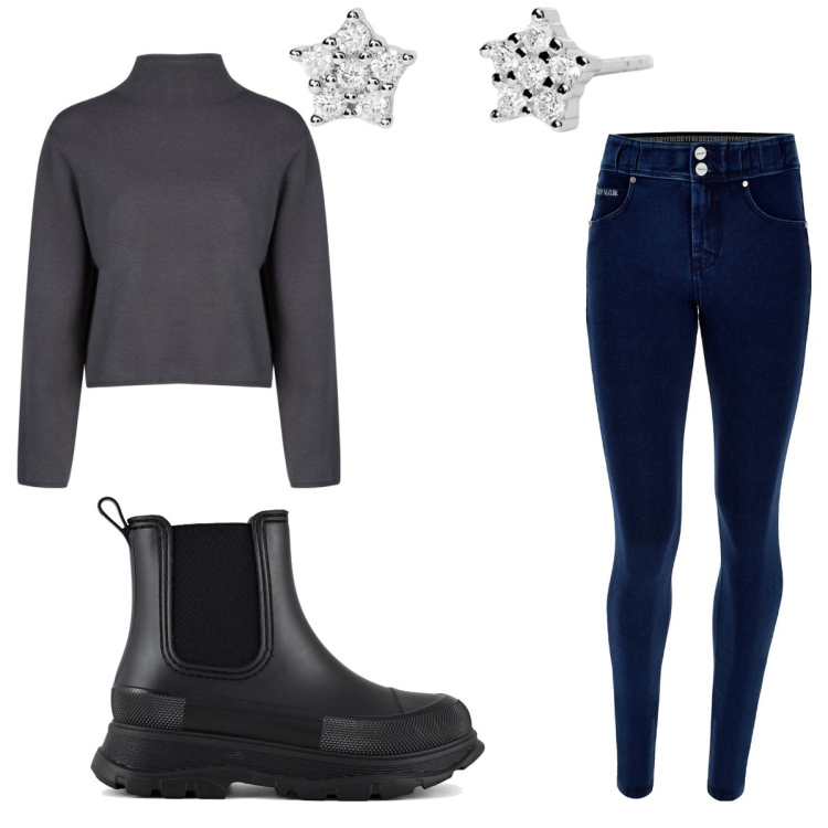 Outfit donna - Casual casalingo. Stile Casual chic per Serata fuori. Abbinamento con orecchini, jeans slim fit, stivali, cardigans.