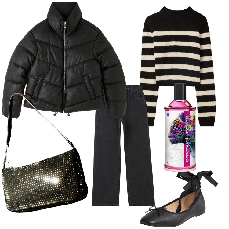 Outfit donna - Girlish look. Stile Preppy per Tutti i giorni. Abbinamento con profumi, ballerine, maglieria, jeans dritti, borse a spalla, piumini.