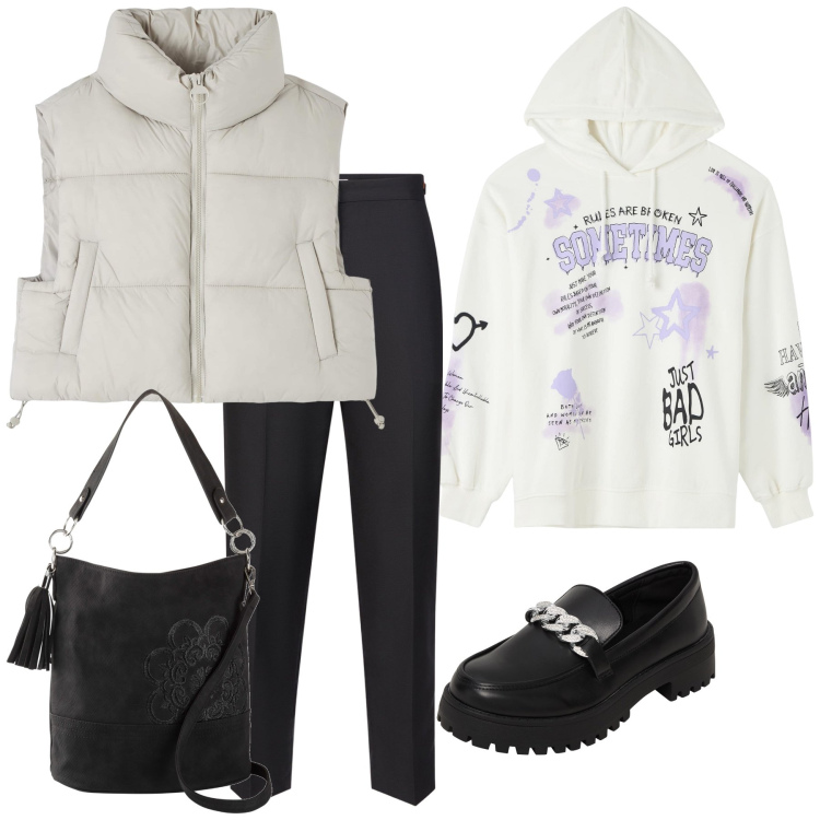 Outfit donna - Total look. Stile Basic per Tutti i giorni. Abbinamento con borse a mano, felpe con cappuccio, piumini, mocassini, pantaloni.