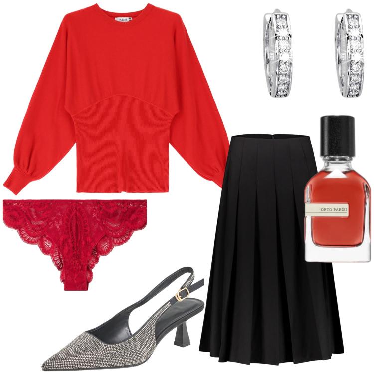 Outfit donna - Ultimo dell’anno a casa. Stile Trendy per Serata fuori. Abbinamento con profumi, culotte, décolleté, orecchini, maglieria, gonne longuette.