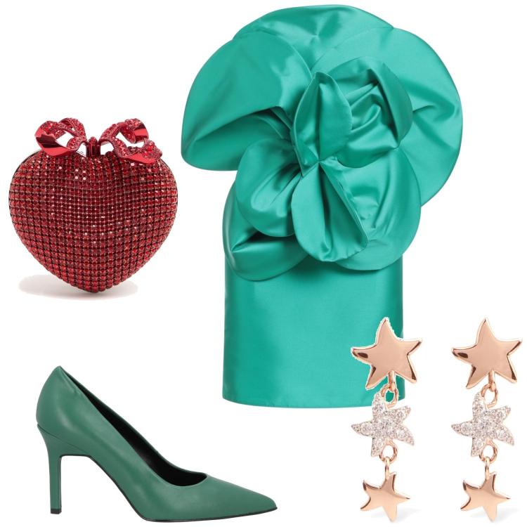 Outfit donna - Fiore cuore e stelle. Stile Chic per Serata fuori. Abbinamento con décolleté, vestiti corti, orecchini, pochette.