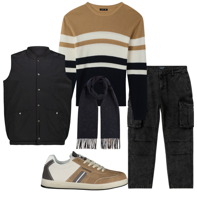 Outfit uomo - Total look #2028278. Stile Casual per Tutti i giorni. Abbinamento con jeans, maglieria, sciarpe, gilet, sneakers.