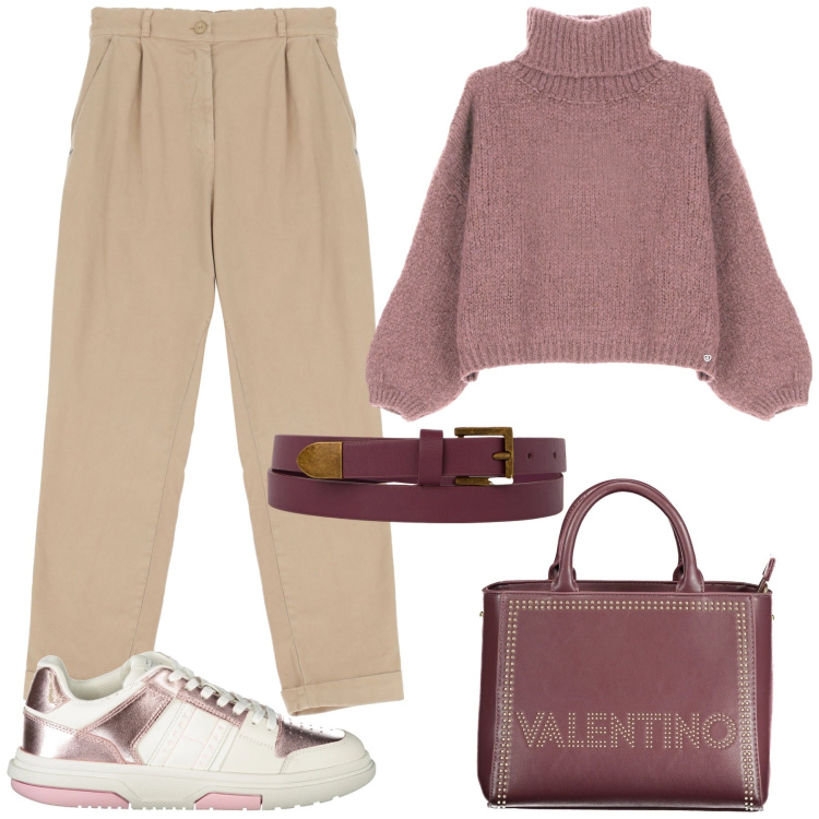 Outfit donna - In ufficio. Stile Casual chic per Ufficio. Abbinamento con maglieria, pantaloni chino, cinture, sneakers, borse a spalla.