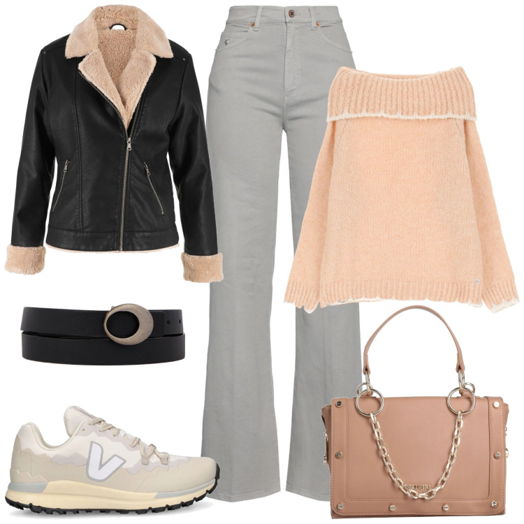 Outfit donna - Full time. Stile Casual chic per Tutti i giorni. Abbinamento con blazer, pantaloni, borse a mano, maglieria, cinture, sneakers.