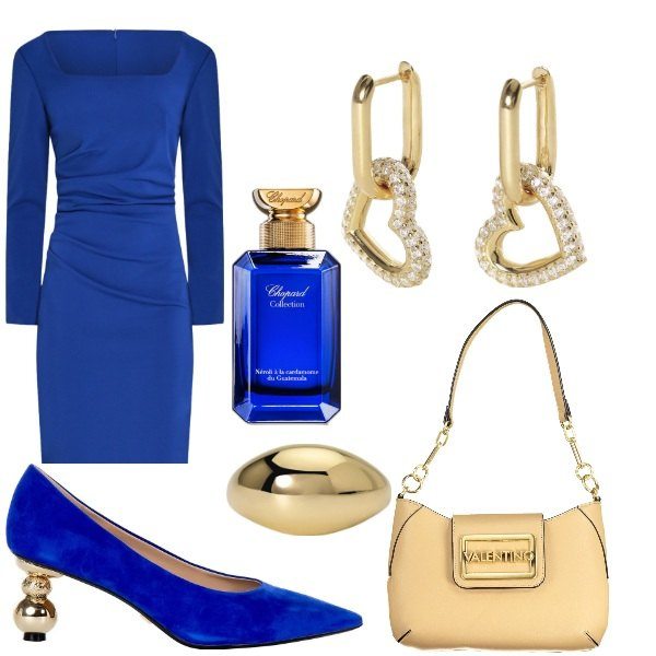 Outfit donna - blu e oro. Stile Chic per Tutti i giorni. Abbinamento con profumi, orecchini, anelli, vestiti a tubino, décolleté, borse a spalla.