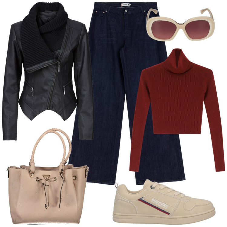 Outfit donna - Freddo, ma col sole. Stile Casual per Tutti i giorni. Abbinamento con sneakers, blazer, jeans, maglieria, borse a spalla, occhiali da sole.