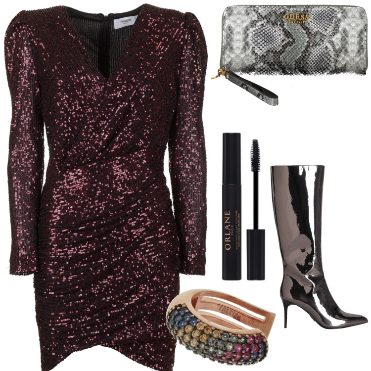 Outfit donna - Look wow. Stile Glamour per Serata fuori. Abbinamento con stivali, mascara, vestiti corti, orecchini, portafogli.