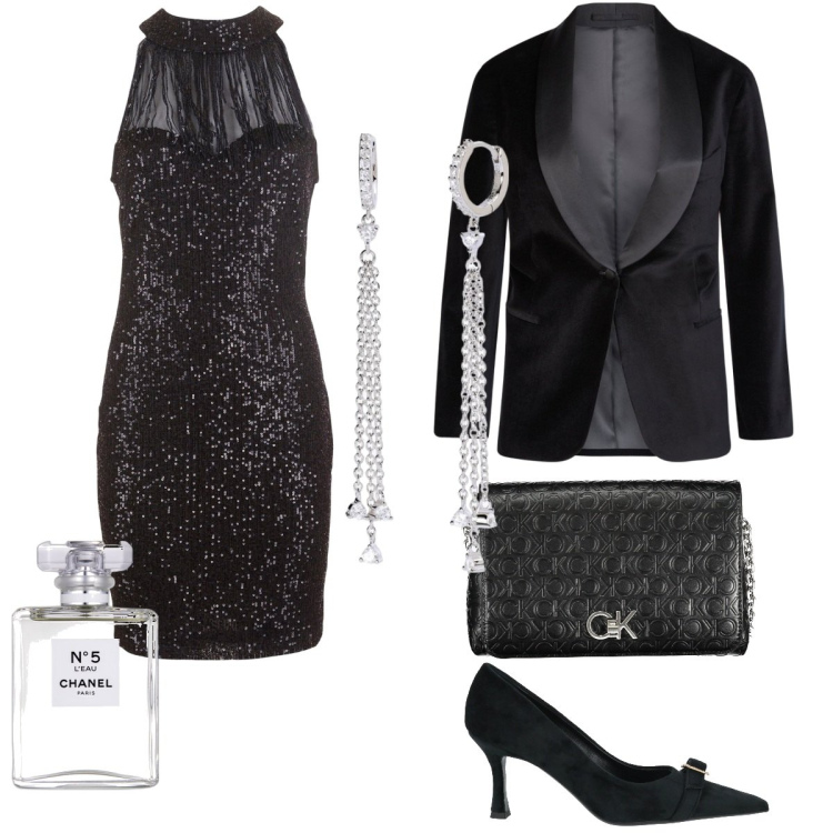 Outfit donna - Total look #2028352. Stile Glamour per Serata fuori. Abbinamento con décolleté, profumi, orecchini, vestiti, blazer, borse a tracolla.