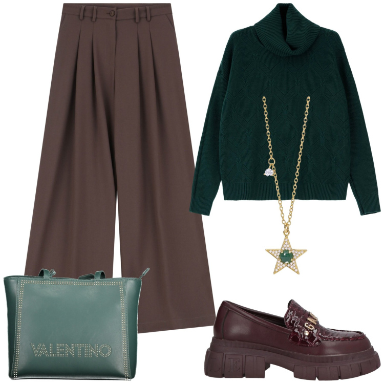 Outfit donna - In ufficio. Stile Basic per Ufficio. Abbinamento con mocassini, collane, maglieria, pantaloni, borse a spalla.