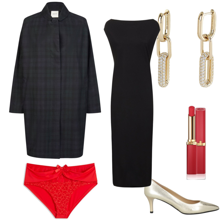 Outfit donna - Nero rosso oro. Stile Glamour per Serata fuori. Abbinamento con culotte, décolleté, rossetti, orecchini, vestiti midi/longuette, trench.