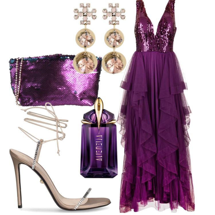 Outfit donna - Capodanno. Stile Glamour per Serata fuori. Abbinamento con borse a mano, profumi, vestiti lunghi, sandali col tacco, orecchini.