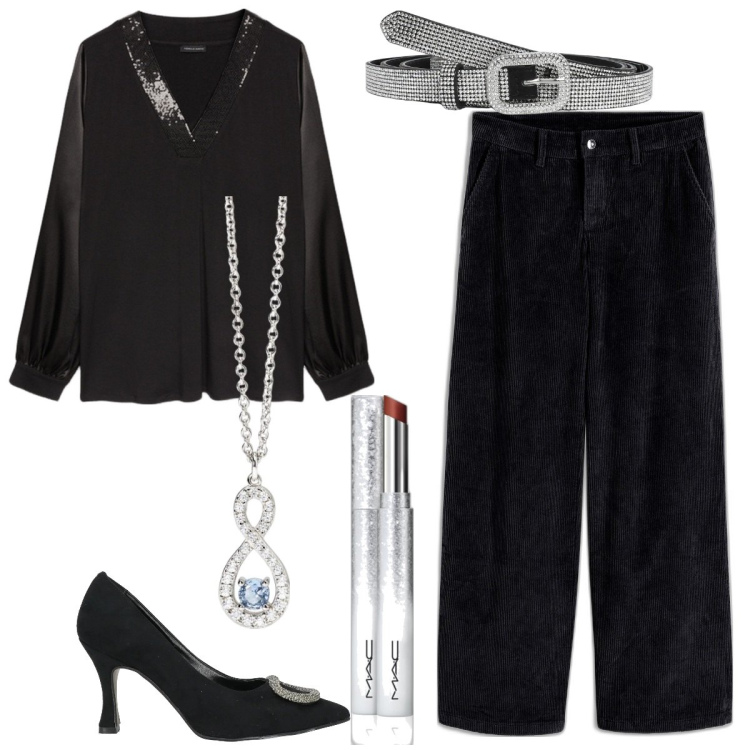 Outfit donna - Capodanno in famiglia. Stile Casual chic per Serata fuori. Abbinamento con pantaloni a palazzo, décolleté, rossetti, cinture, ciondoli, bluse.