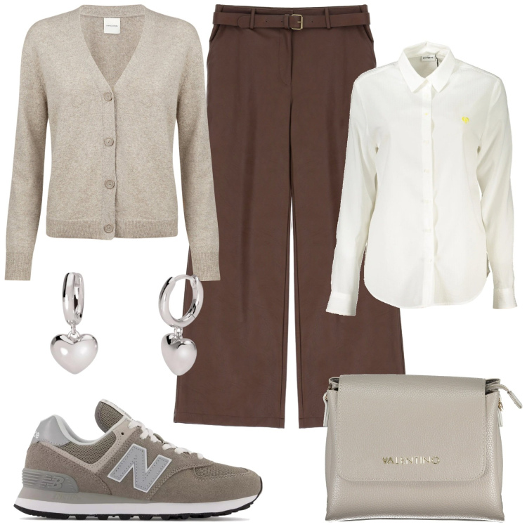 Outfit donna - Da mattino a sera. Stile Casual chic per Tutti i giorni. Abbinamento con orecchini, sneakers, pantaloni, cardigans, camicie, borse a spalla.