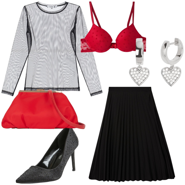 Outfit donna - Un amore di look. Stile Glamour per Serata fuori. Abbinamento con reggiseni push-up, décolleté, gonne lunghe, orecchini, maglieria, pochette.