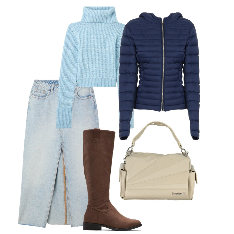 Outfit donna - City. Stile Casual per Tutti i giorni. Abbinamento con stivali, maglieria, gonne lunghe, piumini, borse a spalla.