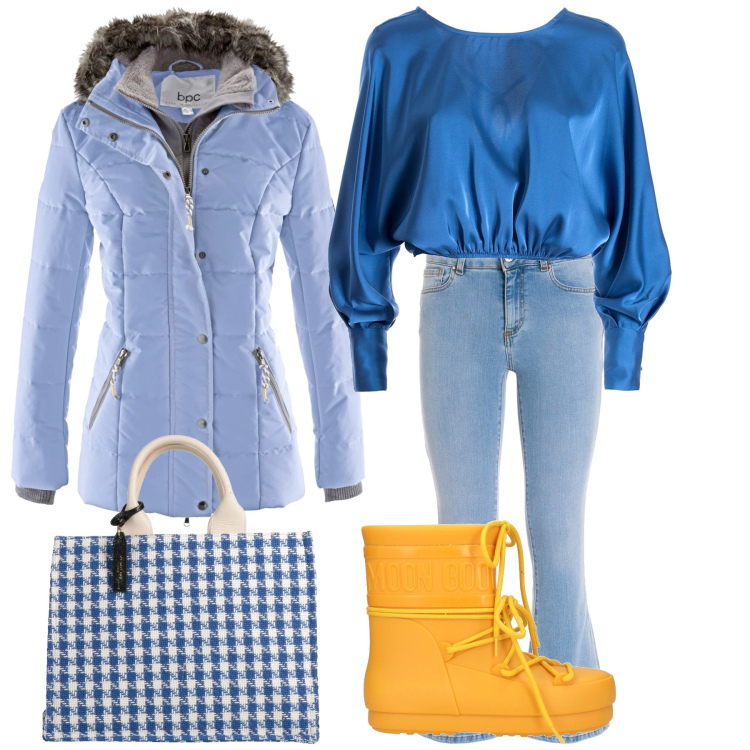 Outfit donna - Sole giallo sul mare invernale. Stile Trendy per Mare. Abbinamento con piumini, borse a mano, stivaletti, bluse, jeans.