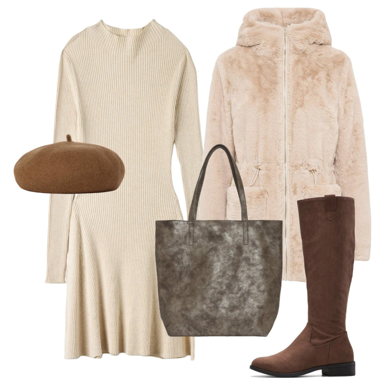 Outfit donna - Avorio bon ton. Stile Bon Ton per Ufficio. Abbinamento con ecopellicce, stivali, vestiti midi/longuette, borse tote, cappelli e berretti.