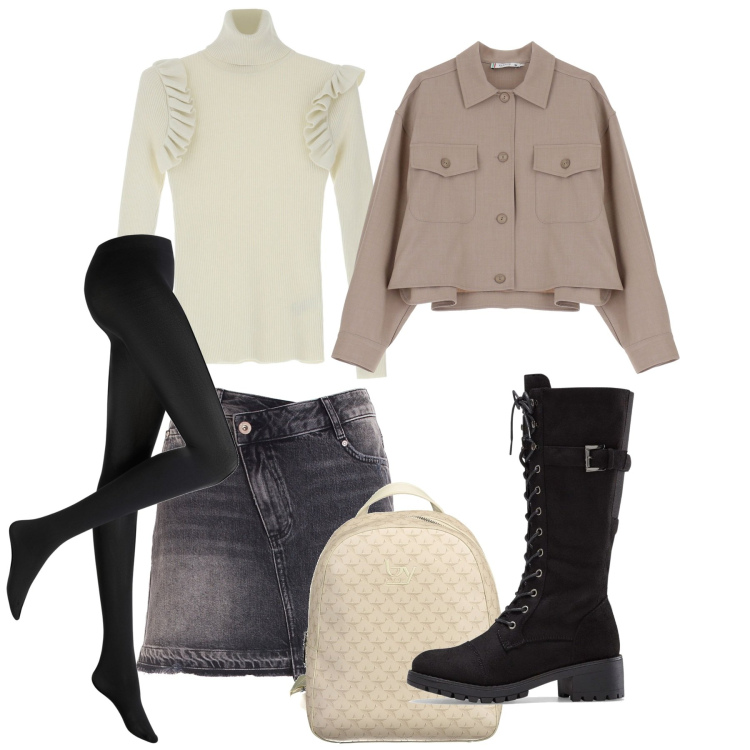 Outfit donna - In città. Stile Casual chic per Tutti i giorni. Abbinamento con stivali, collant, blazer, maglieria, gonne, zaini.