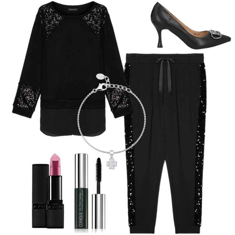 Outfit donna - Capodanno in famiglia 3. Stile Casual chic per Serata fuori. Abbinamento con décolleté, rossetti, mascara, braccialetti con ciondoli, maglieria, pantaloni.