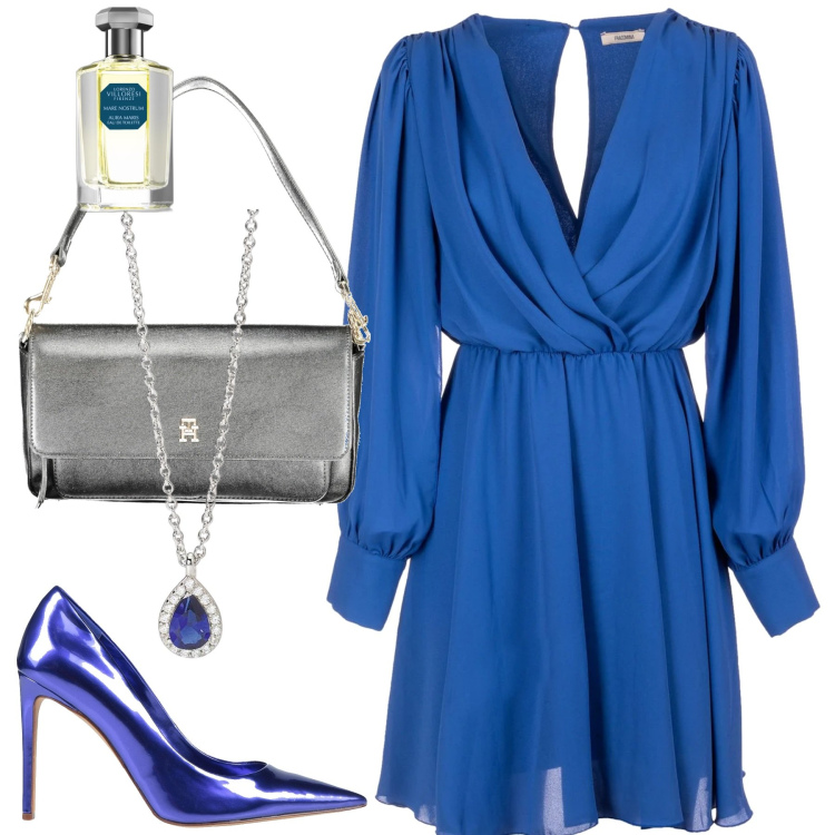 Outfit donna - Chic in blu. Stile Chic per Serata fuori. Abbinamento con décolleté, profumi, collane, vestiti, borse a spalla.
