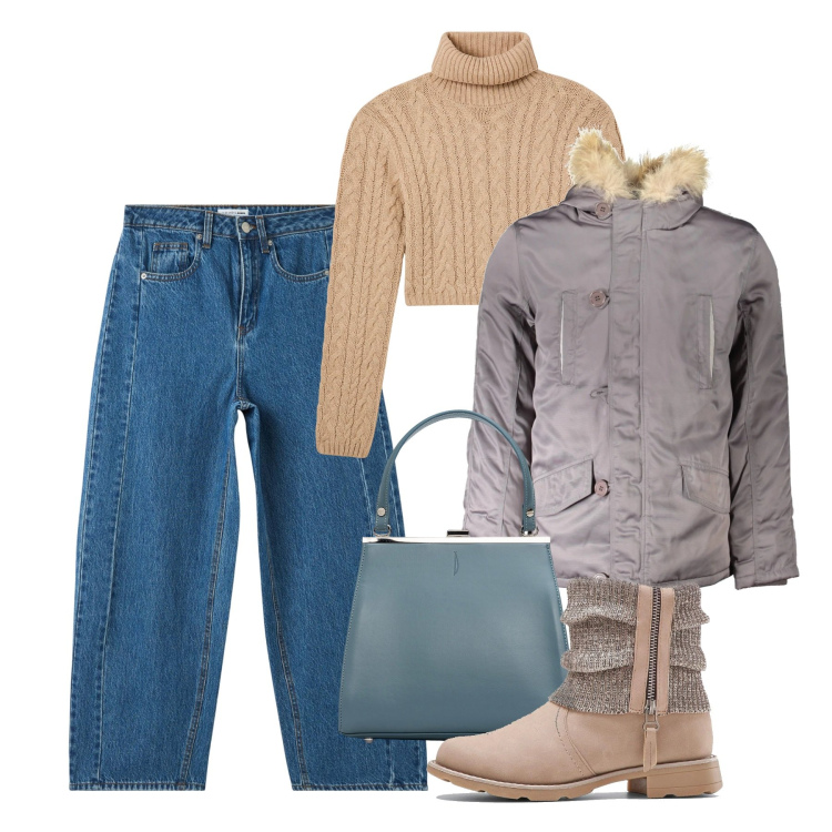 Outfit donna - City. Stile Casual per Tutti i giorni. Abbinamento con stivaletti, jeans, maglieria, blazer, clutch.