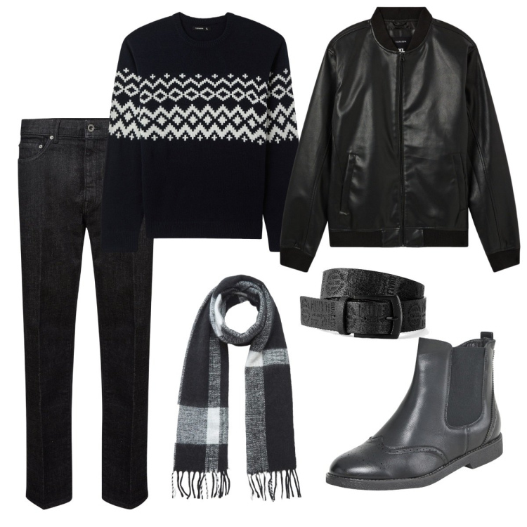 Outfit uomo - Denim & The City. Stile Biker Rock per Tutti i giorni. Abbinamento con cinture, stivali e stivaletti, bomber, maglieria, sciarpe, jeans.